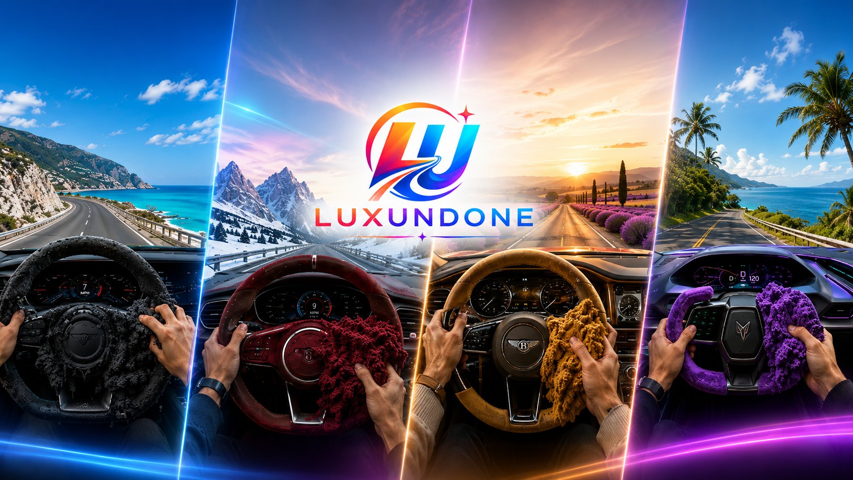 Four steering wheels wrapped in kinetic sand across coastal, alpine, lavender and tropical roads